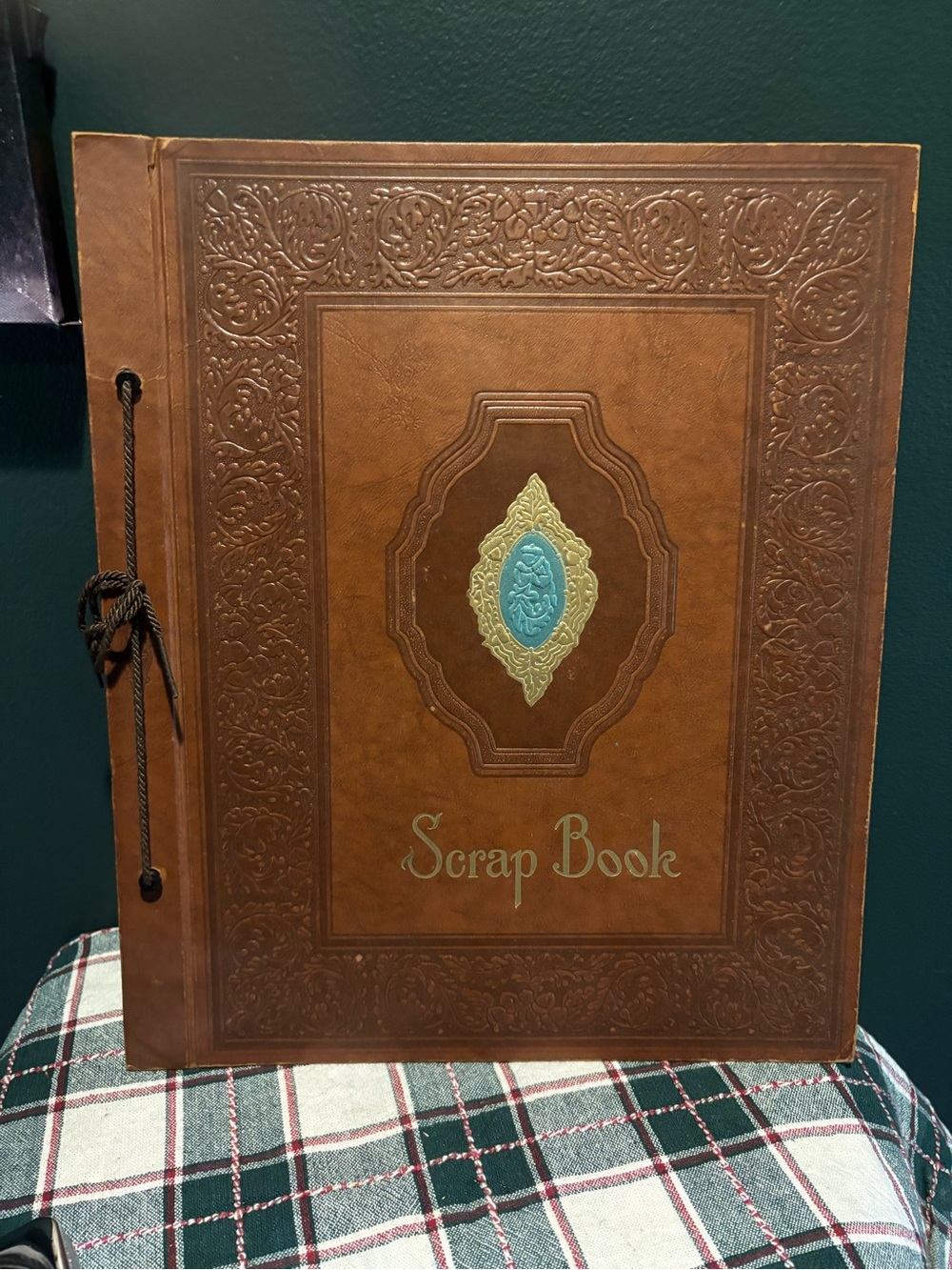 Antique Brown Leather Large Scrap Book with Teal & Gold Medallion